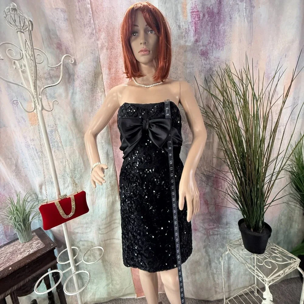 VTG📌 Mike Benet 90s Strapless Sequin Cocktail - Formal Mini Dress with Bow - Picture 6 of 16